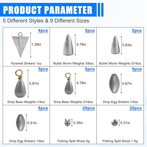 Fishing Weights Sinkers, 77pcs Drop Bass Weights Sinker Saltwater Casting Fishing Sinkers Assortment Set Pyramid Sinker Bullet Worm Weight Catfish for Freshwater Surf Fishing