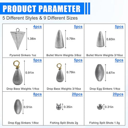 Fishing Weights Sinkers, 77pcs Drop Bass Weights Sinker Saltwater Casting Fishing Sinkers Assortment Set Pyramid Sinker Bullet Worm Weight Catfish for Freshwater Surf Fishing