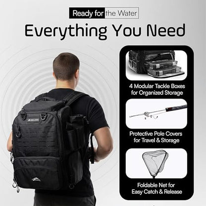 Waterproof Fishing Backpack with Tackle Boxes, Rod Holder & Foldable Net - 40L Fishing Tackle Bag with Trays Included, Extra Storage Gear and Equipment, Rain Cover, Fisherman Gift for Men - color: Medium (40 L) - Black