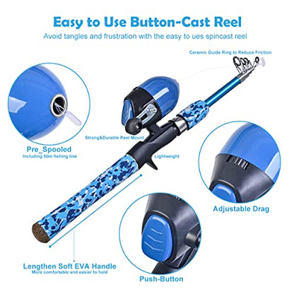 LEOFISHING Kids Fishing Pole Set with Full Starter Kits Portable Telescopic Fishing Rod and Spincast Reel with a Fishing Net and Bucket for Boys Girls and Youth - color: Blue and Orang