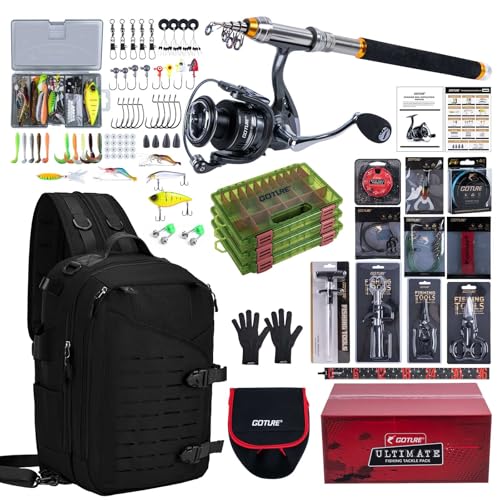 Goture Fishing Kits for Adult,Fishing Pole and Reel Combo, OpenSide Fishing Sling Tackle Storage Bag with 3 Tackle Boxes,Gift for Men - color: Black 20L Bag + 3600 Trays +Basic Bait Set(Gift Boxed), size: 9FT/2.7M