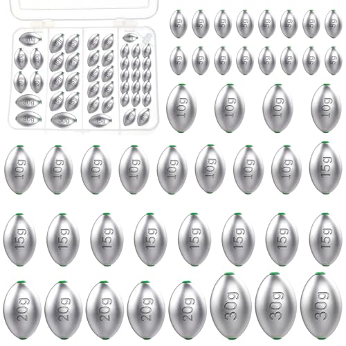 Egg Lead Fishing Weights Assorted Sizes,Oval Shaped Egg Sinkers with Smooth Hole, Slip Sinkers Tackle for Freshwater & Saltwater Fishing, Bass & Catfish Casting Weights(10g/15g/20g/30g) - color: 45pcs-5g/10g/15g/20g/30g