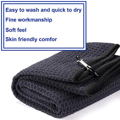 2 Pack 16" x 24" Tri-fold Golf Towel Set, Microfiber Fabric Waffle Pattern Towels, Heavy Duty Carabiner Clip (2 Pcs, 2 Colors) - color: 1: All Black + Grey (Black Edge)