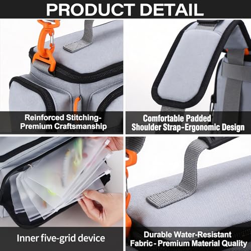 Fishing Tackle Bags with Tackle Box,Waterproof,Padded Shoulder Strap,Gear Storage,Fish Bag with 136 Pcs Fishing Lures Kit,Fish Hook Remover Tool,Fish Lip Gripper,Fishing Plier,Gifts for Men (Gray) - color: Gray