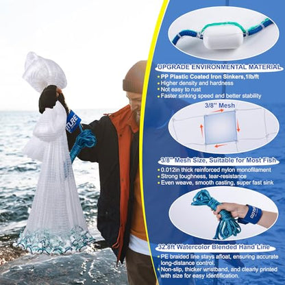 Goture American Fishing Cast Net Saltwater Freshwater,3/8in Mesh Size Casting Net for Bait Fish Shrimp Trap,Heavy Duty Plastic Coated Iron Protected White Sinker,Throw Cast Net with Needle - color: A1:Cast Net with Needle, size: 10FT Radius