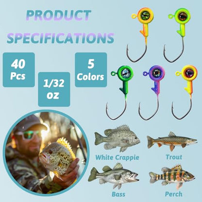 Crappie Jig Heads with 3D Eyes, 40 Packs - 1/32oz, 1/16oz, 1/8oz Jigs for Bass, Trout, Panfish - color: 1/32oz