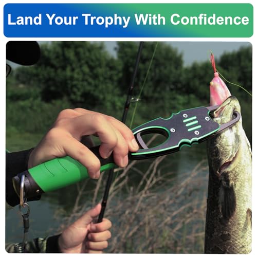 Fish Gripper with Scale 12" Aluminum Alloy Lip Grabber 40lb Capacity 360° Swivel for One-Handed Catch & Release Green - color: Green