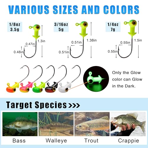 Fishing Jig Heads Kit,Football Painted Head Jig Hook with Double Eye Glow Crappie Bass Jig Head Hooks 1/8oz 3/16oz 1/4oz Fishing Jig Hooks for Freshwater Saltwater - color: Crappie Jig heads-1/8 oz-30 Pack