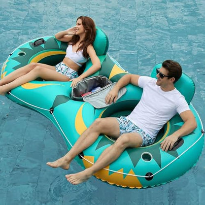 Jasonwell Inflatable River Tube Float - 2 Person Heavy Duty River Float Pool Floats with Removable Cooler Lake Water Tubes for Floating River Raft Lounge Floatie with 2 Cup Holders for Adults (Green) - style: Owl-Green