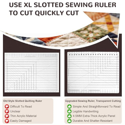 Upgrade Ruler for Quilting, 17-3/4in x 22in Slotted Quilting Ruler, High-Clarity Thickened Acrylic, Non-Slip Grip Extra Large Acrylic Fabric Strip Cutting Sewing, Crafting, Patchwork Ruler & Template