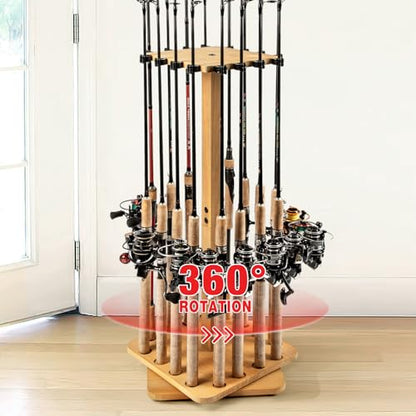 Ghosthorn Fishing Rod Holders for Garage 360 Degree Rotating Fishing Pole Rack, Floor Stand Holds up to 16 Rods Wood Fishing Gear Equipment Storage Organizer, Fishing Gifts for Men Women - style: nature-new