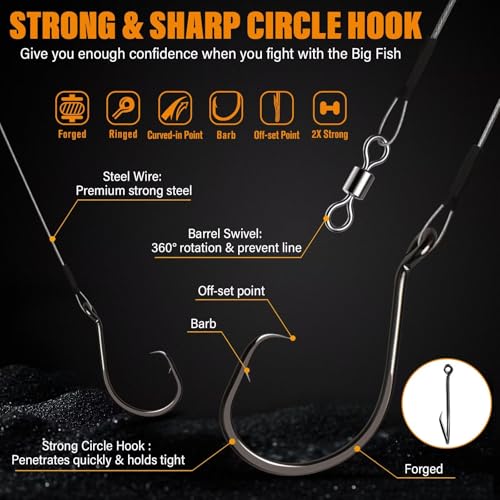 Dovesun 30PCS/20PCS Circle Hooks Fishing Pre-Rigged Catfish Rig for Saltwater Freshwater Catfish Hooks with Wire Leader 2/0 4/0 6/0 8/0 10/0 - color: E-8/0 Circle Hooks Kit-20PCS