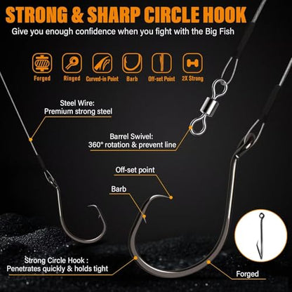Dovesun 30PCS/20PCS Circle Hooks Fishing Pre-Rigged Catfish Rig for Saltwater Freshwater Catfish Hooks with Wire Leader 2/0 4/0 6/0 8/0 10/0 - color: F-10/0 Circle Hooks Kit-20PCS