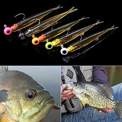 Crappie-Baits- Plastics-Jig-Heads-Kit-Minnow-Fishing-Lures-for Crappie-Panfish-Bluegill-20Piece Kit - 15 Bodies- 5 Crappie Jig Heads - color: #03 Pumpkin PP.Shad