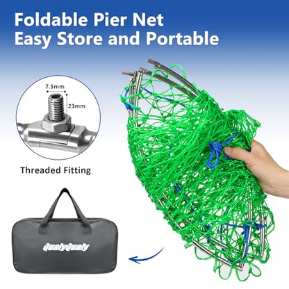 QualyQualy Foldable Pier Fishing Net 23" with Rust-Proof Stainless Steel Ring & Heavy-Duty Poly Mesh | Saltwater & Freshwater Landing Net for Kayak, Bridge Fishing Lightweight Durable Design - color: Green