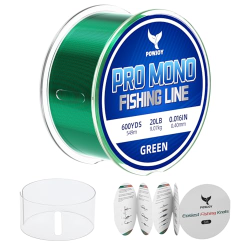 Monofilament Fishing Line with Knot Guide Card, Tangle-Free Snap Ring for No More Mess, Low Memory Smooth Casting Nylon Mono String, 15/20/30/50/80LB, 220-1050 Yards - color: Green, size: 20LB 600Yards