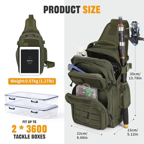 HUNTVP Fishing Sling Bag Lightweight Tackle Bag Small Fishing Backpack Tactical Shoulder Sling Bags with Rod Holder, Storge Gear and Equipment, Gifts for Men (Army Green) - color: Army Green