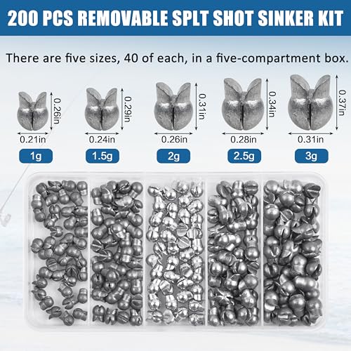 Split Shot Fishing Weights Sinkers, 200pcs Removable Fishing Line Weights and Sinkers for Freshwater Saltwater Bass Trout - size: 1g 1.5g 2g 2.5g 3g (Large-200pcs)