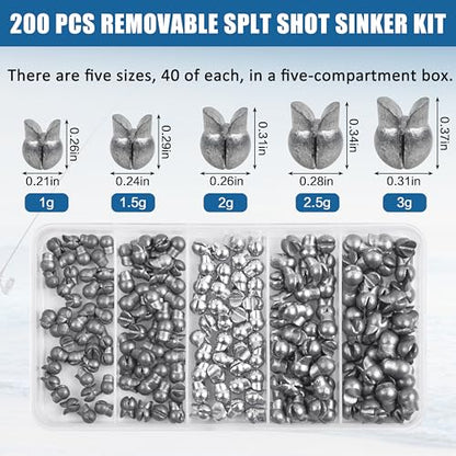Split Shot Fishing Weights Sinkers, 200pcs Removable Fishing Line Weights and Sinkers for Freshwater Saltwater Bass Trout - size: 1g 1.5g 2g 2.5g 3g (Large-200pcs)