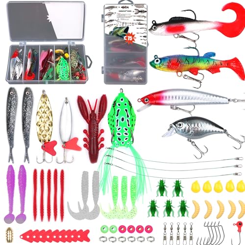 EXAURAFELIS Fishing Lures Tackle Kit, Mixed Hard & Soft Baits Metal Spoons Fishing Accessories for Bass Trout Pike Freshwater Saltwater Fishing - color: 75pcs