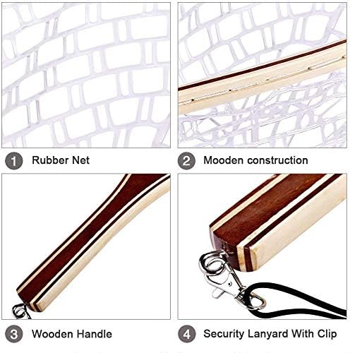 Fishing Landing Net Soft Rubber Mesh Trout Net Catch and Release Net with Wooden Handle Frame, Flying Fishing Hoop 42 x 24.8 x 25(cm)