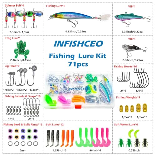 Fishing Lure Bait Tackle Set for Saltwater Freshwater Bass Fish, Including Jig Hooks, Spoon Lures, Crankbait, Soft Plastic Worms, Frog Lure, Fishing Gear Kit