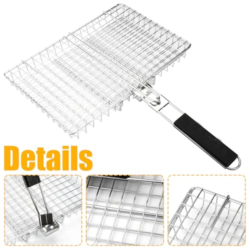 Stainless Steel Grill Basket, Foldable BBQ Grilling Baskets for Fish, Shrimp & Vegetables, Portable Outdoor Camping BBQ Rack, Heavy Duty Barbecue Accessories, Gift for Dad, Husband & Friends