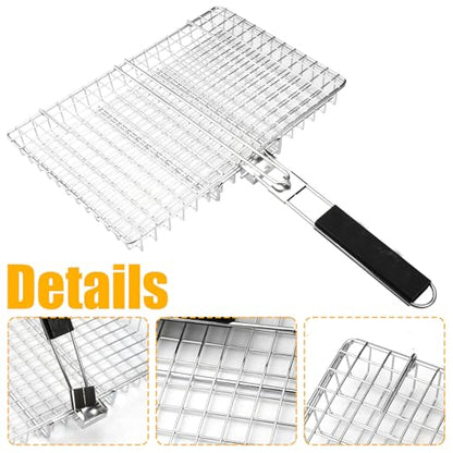 Stainless Steel Grill Basket, Foldable BBQ Grilling Baskets for Fish, Shrimp & Vegetables, Portable Outdoor Camping BBQ Rack, Heavy Duty Barbecue Accessories, Gift for Dad, Husband & Friends