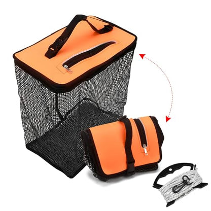 XhuangTech Floating Fishing Basket, Collapsible Fish Basket Portable Fishing Net Storage Cage for Live Caught Fish, Foldable Rubber Coated Bait Minnow Bucket 3.5/10 Gallons Live Well, Orange - size: Large