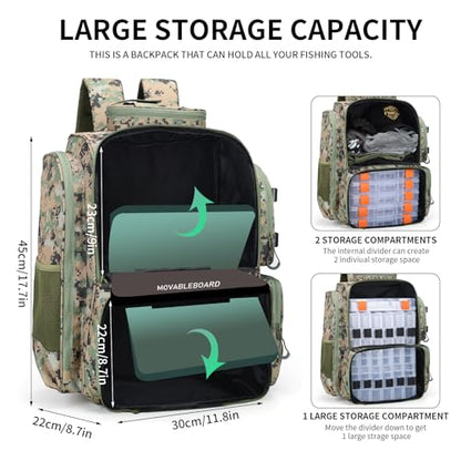 WANOON Fishing Backpack, Ttackle Bag,with Tackle Boxes. Large Fishing Bag Strong Materials - color: Camouflage Black, size: 42L-With Tackle Boxes