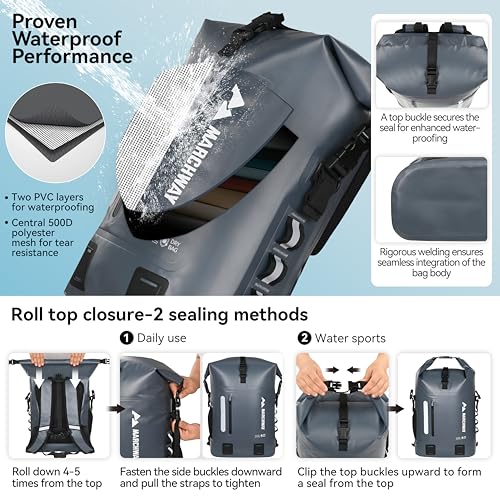 MARCHWAY Roll Top Waterproof Backpack, Floating Dry Bag 20L/30L/45L with Ergonomic Rectangular Base, Cushioned Back, Hip Strap for Hiking Camping Kayaking Travel (Grey, 20L) - color: Grey, size: 20L