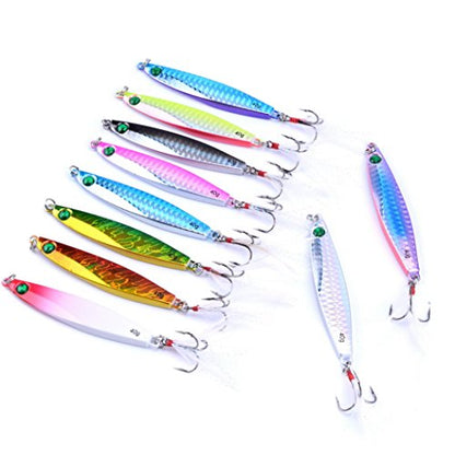 Aorace 10pcs Hard Metal Jigs Diving Sea Fishing Lures Minnow Popper Baits Tackle Crankbait Saltwater Freshwater Lures with Feather - color: 10pcs 8.7cm/40g