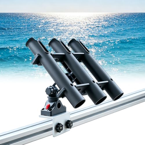 3 Pole Fishing Rod Holder with Aluminum 90° Boat Track Bracket Base 360° Rotating, Deck/Side Mount Rod Holder for Versatrack System/Ranger Track System