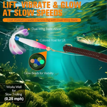 Dovesun Crawler Harness Walleye Rigs with Dual-Wing Blade, Float Walleye Spinner Rig for Slow Trolling (0.25 mph), Fluorocarbon Worm Harness, 2 Hook Walleye Fishing Rigs, 7 Pack - size: #4 Baitholder + #8 Treble Hook