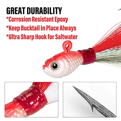 Dr.Fish 3 Pack Bucktail Jig Lure Hair Jig Saltwater Freshwater Lures Surf Fishing Bass Flounder Striper Bluefish Halibut Redfish - color: Red & White(pack of 3), size: 1 oz