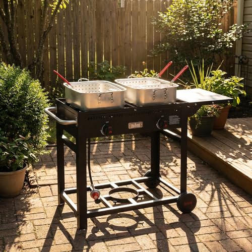 Feasto Outdoor Propane Deep Fryer with Movable Cart, 36 QT 2-Burner Stove | 100,000 BTU Total, 2 x 18QT Aluminum Pots, 1 x 18QT Basket & 2 x 9QT Frying Baskets, Portable Fryer for Fish, Fries & Chicken - size: 36 qt