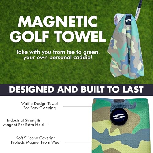 Magnetic Microfiber Waffle Golf Towel – Funny Large 16"x24" Clean Golf Club Ball Magnet Clip to Hang on Bag Cart Strong Premium Strength Ultra Absorbent Gear Black Disc Men (Marine Camo) - color: Marine Camo