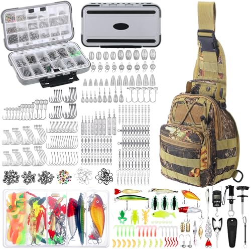 Seenelling 482 Pcs Fishing Tools Kit Fishing Accessories Kit Include Fish Hook Lures Hook Remover Lip Gripper Backpack for Men Women Gifts - color: Forest Leaves