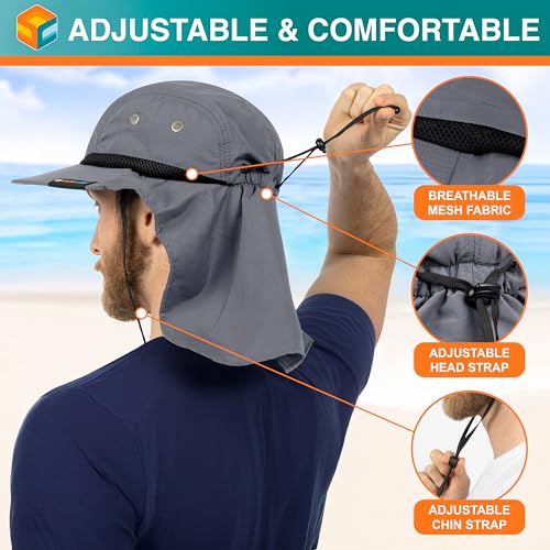 SUN CUBE UPF50+ Sun Hat for Men Women with Neck Flap, Wide Brim UV Protection Fishing Safari Hat for Hiking Beach Gardening - color: Gray