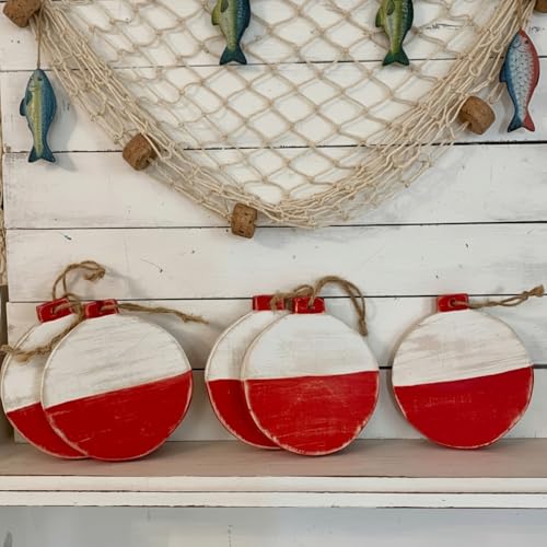 Threehoney 5 Pcs Fishing Bobbers Floats Table Decorations Red and White Wooden Bobbers Decor 4 x 3.5 Inch Farmhouse Wood Summer Table Centerpieces for Fishing Birthday Party Nautical Lake House Decor - color: Fishing Bobber, size: 4 x 3.5 Inches