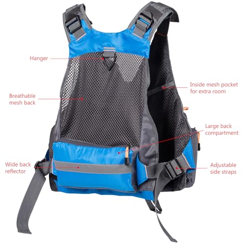 BASSDASH Strap Fishing Vest Adjustable for Men and Women, for Fly Bass Fishing and Outdoor Activities - color: Blue