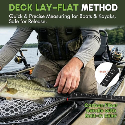 Riverruns Fly Fishing Landing Net Carbon Fiber Trout Net with Measurement Handle, Soft Rubber Mesh - 26" Standard (Wading) / 37" Long (Kayak) - color: 37" Kayak Net (Long) - Green 3K Woven