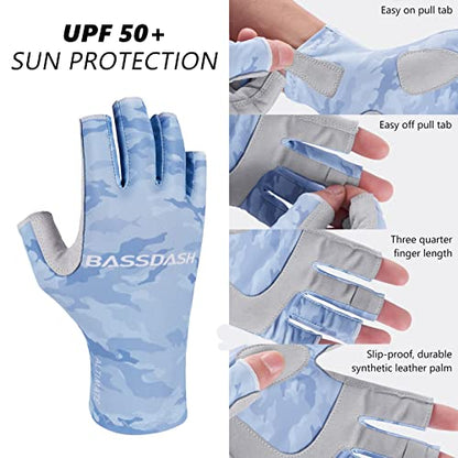 Bassdash ALTIMATE UPF 50+ Sun Protection Fingerless Fishing Gloves Men - color: ALTIMATE I - Light Blue Camo, size: Large
