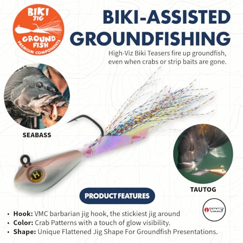 Hogy Groundfish Biki Jig, Jig Head for Fishing | VMC Barbarian Hook | Saltwater & Freshwater Fishing Lures for Tog, Fluke, Sea Bass, Cod | Swim & Slow Jig Fishing Bait for Shallow Waters - size: 2 oz