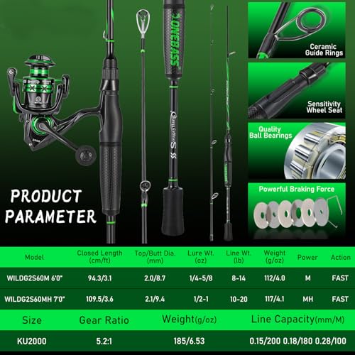 One Bass Fishing Rod Reel Combos, Spinning & Casting Combo, Graphite 2Pc Blanks, Stainless-Steel Guides, Super Polymer Handle - color: Spinning Combo-1 PACK, size: 6'0"