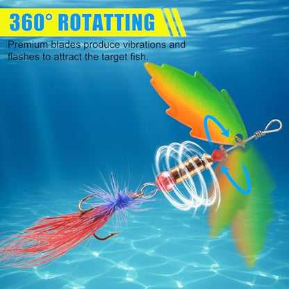 Rooster Bait Tail Spinner Fishing Lures Kit,30pcs Metal Spoon Lures with Feathered Treble Hooks for Bass Walleye Trout Freshwater Saltwater