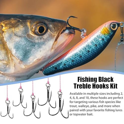 100pcs Fishing Treble Hook Kit, Round Bend Treble Hooks with Split Rings for Making Fishing Lure Spinner Spoon Crankbait - color: Black-100pcs