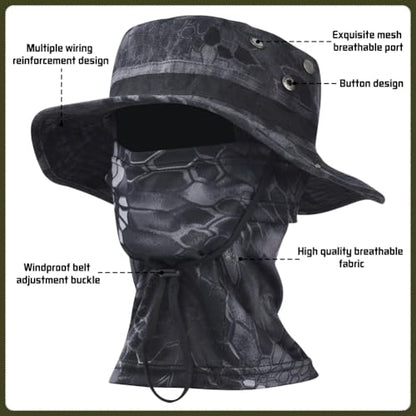 Camo Boonie Sun Hat with Balaclava Face Mask UV Protection Fishing Hat Bucket Hat for Hunting Hiking Military Tactical Safari - color: Camo Black