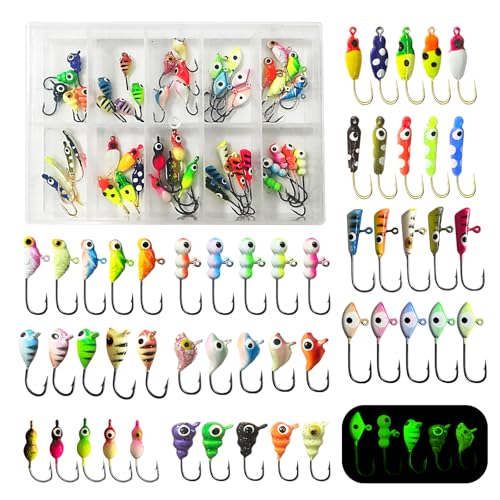 50PCS Ice Fishing Lures Kit, Ice Fishing Jigs for Walleye Perch, Jigs Heads for Ice Fishing Tackle, Panfish Crappie Perch Sunfish Pike bluegills Jigs