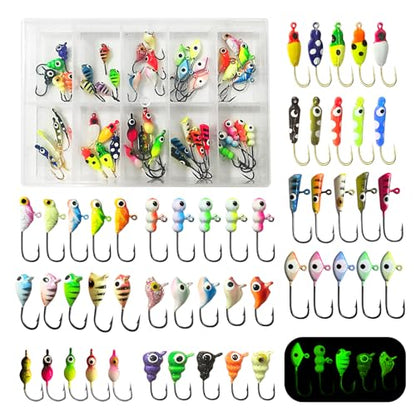 50PCS Ice Fishing Lures Kit, Ice Fishing Jigs for Walleye Perch, Jigs Heads for Ice Fishing Tackle, Panfish Crappie Perch Sunfish Pike bluegills Jigs
